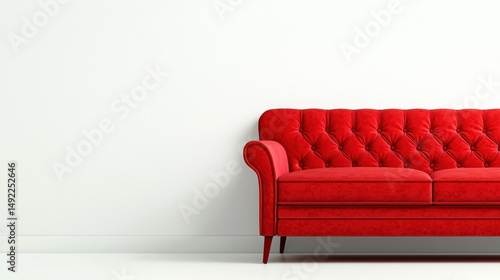 A red velvet sofa against a white wall.