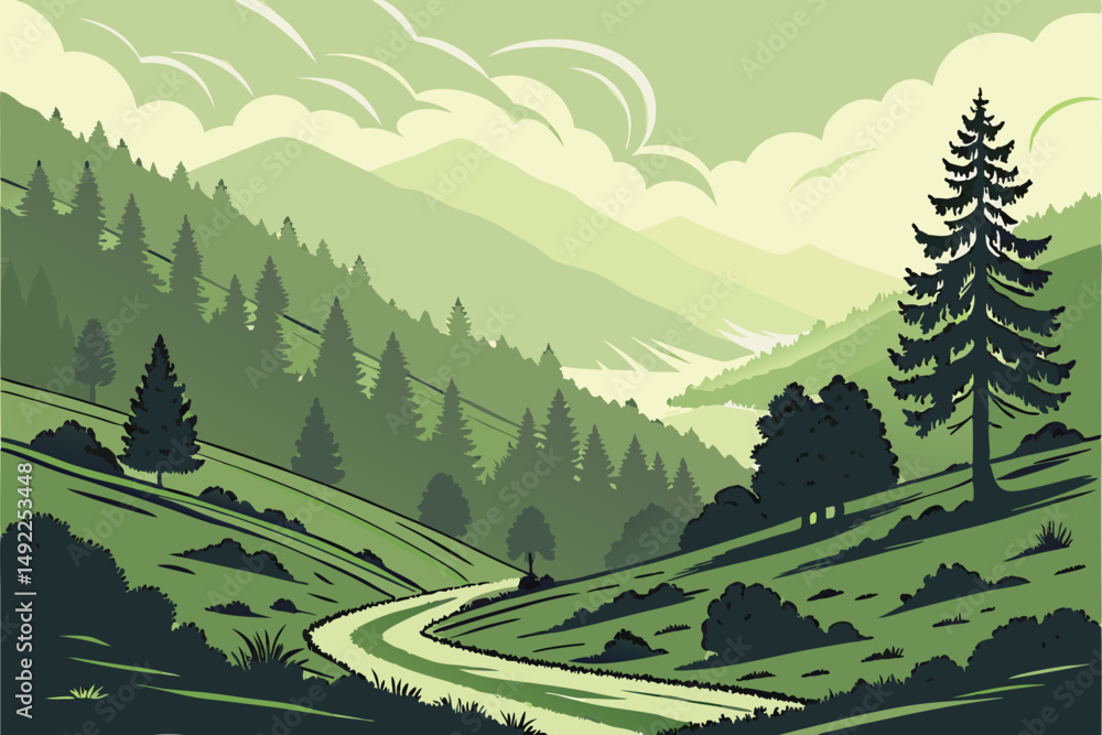 Fototapeta premium 111 lush green tea plantation, rolling hills, beautiful landscape, misty atmosphere, winding path, dense forest, serene nature, vibrant colors, tranquil scene, scenic countryside