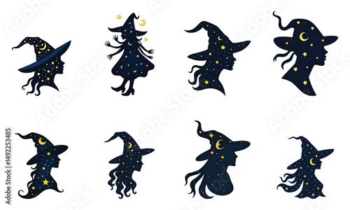 Mystical Witch Silhouettes with Starry Night Sky Elements – Magical Woman Vector Set

