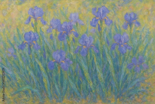 Impressionist painting of blooming purple irises
