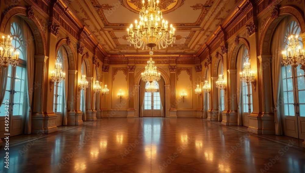 Fototapeta premium Elegant chandeliers illuminate a grand ballroom with ornate gold detailing , elegant, classic, golden