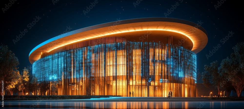 Obraz premium Modern, Illuminated Circular Building Architecture at Night, Futuristic and Elegant Design Structure