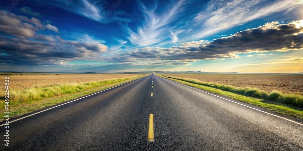 Naklejka premium Long straight asphalt road stretches into infinity