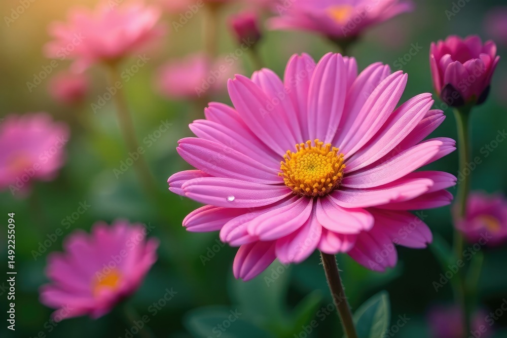Fototapeta premium Full bloom pink aster bunch, dew drops visible , detail, starflower