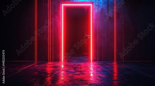 Neon Doorway in Dark Room