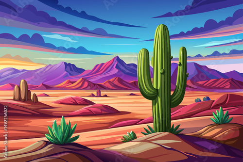 View of lone Cactus in Minimalist Desert Landscape Under Bright Sunlight, western background