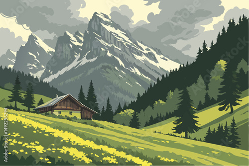113 mountainous landscape, alpine meadow, lush green vegetation, snow-capped peaks, dramatic cloudy sky, evergreen forest, traditional alpine hut, serene atmosphere, scenic countryside, idyllic scener