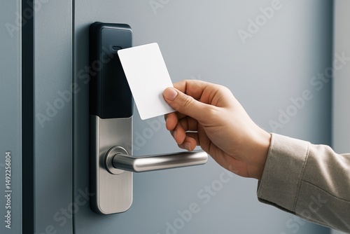 Keycard Access System Demonstrates Modern Security, featuring a woman's hand using a blank white key card to unlock a door in a hotel or office