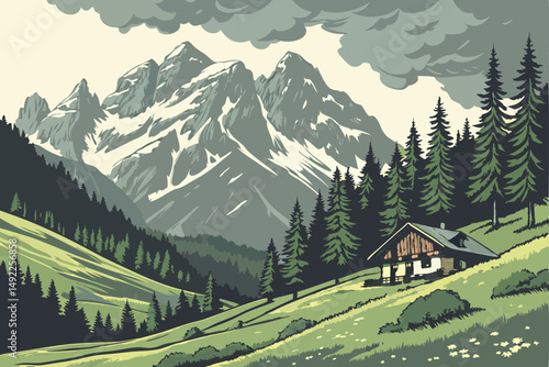 113 mountainous landscape, alpine meadow, lush green vegetation, snow-capped peaks, dramatic cloudy sky, evergreen forest, traditional alpine hut, serene atmosphere, scenic countryside, idyllic scener