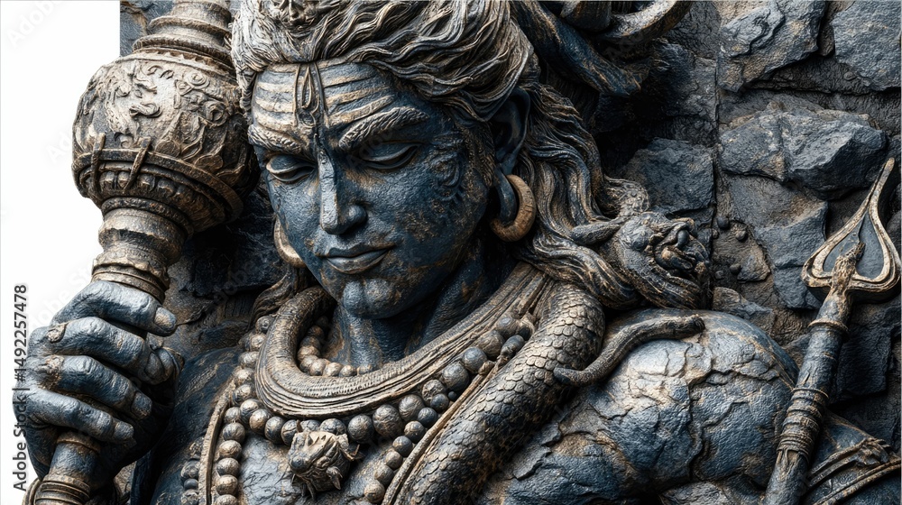 Lord shiva holding trident and damaru with serpent divine art spiritual space close-up view Lord shiva holding trident and damaru with serpent divine art spiritual space close-up view