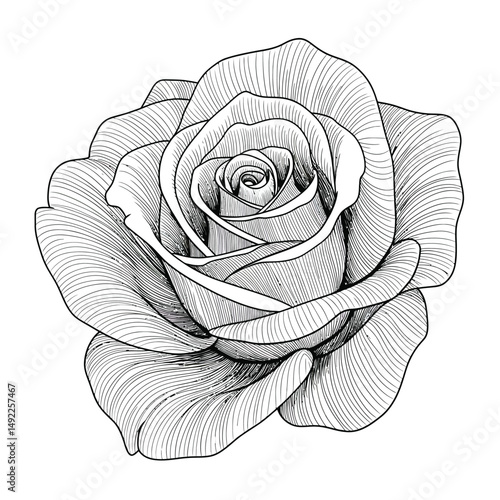 This beautifully crafted vector illustration features an elegant rose flower, showcasing intricate petal details and a timeless design. The image highlights the delicate curves and textures of the ros