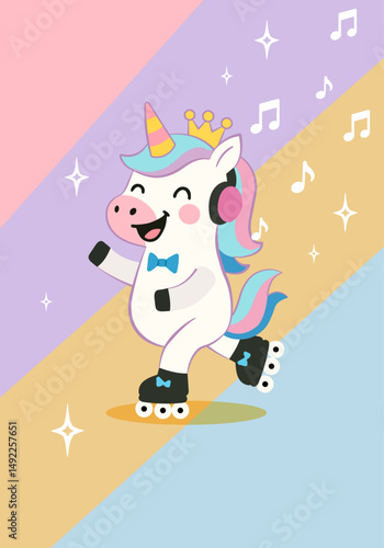 Cartoon rollerblading unicorn horse listening music in headphone. Vector illustration, on colourful background for birthday invitation, postcard, greeting card