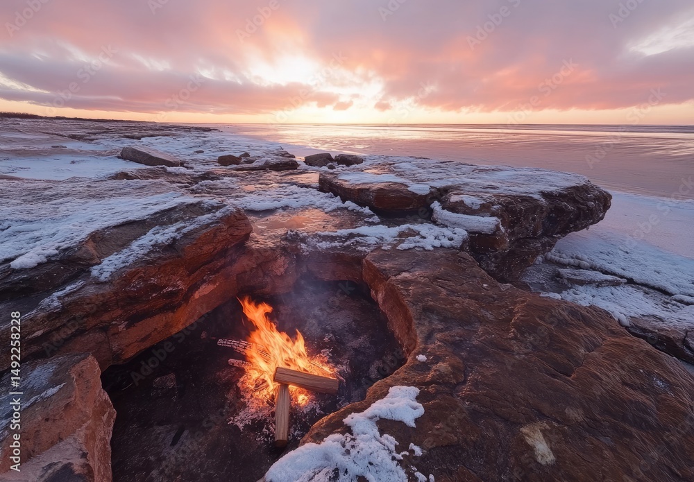 Obraz premium Winter campfire on icy shore