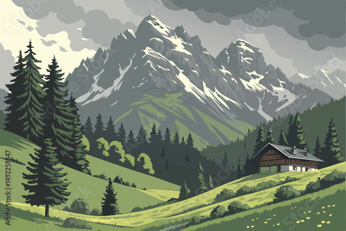 113 mountainous landscape, alpine meadow, lush green vegetation, snow-capped peaks, dramatic cloudy sky, evergreen forest, traditional alpine hut, serene atmosphere, scenic countryside, idyllic scener