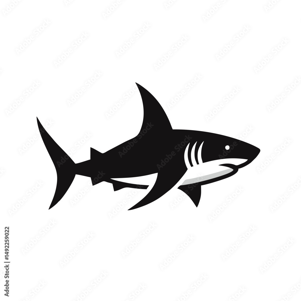 Fototapeta premium Minimalist Shark Logo, Side View, Smooth Bold Lines, Black Silhouette, Fish Vector Illustration