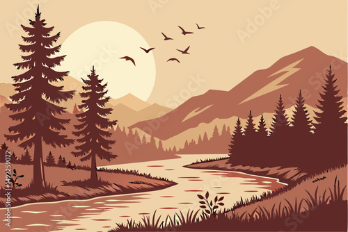 114 autumn landscape, scenic nature landscape, sunset river reflection, lake shore water reflected, fall trees silhouettes, birds flying in sky, mountainous forest scenery, dramatic sky with moon, rea