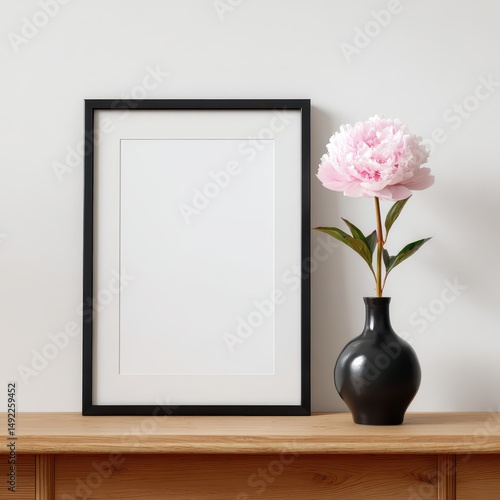 A large black frame holds an empty white poster against a plain wall. Next to it, a black vase features a delicate pink flower sitting on a wooden shelf, creating an elegant decor piece