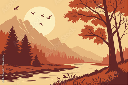 114 autumn landscape, scenic nature landscape, sunset river reflection, lake shore water reflected, fall trees silhouettes, birds flying in sky, mountainous forest scenery, dramatic sky with moon, rea