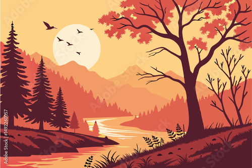 114 autumn landscape, scenic nature landscape, sunset river reflection, lake shore water reflected, fall trees silhouettes, birds flying in sky, mountainous forest scenery, dramatic sky with moon, rea