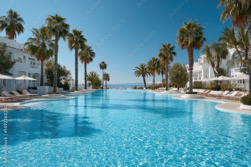 Fototapeta premium Scenic luxury resort pool with palm trees and ocean view during bright sunny day