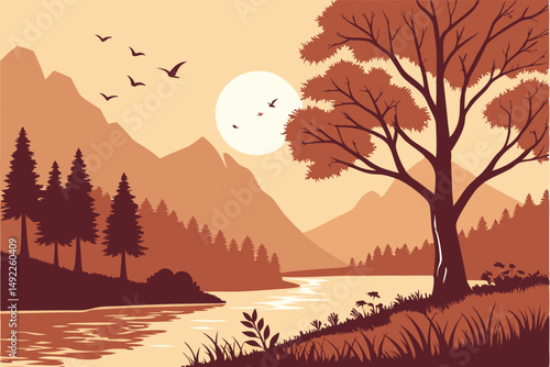 114 autumn landscape, scenic nature landscape, sunset river reflection, lake shore water reflected, fall trees silhouettes, birds flying in sky, mountainous forest scenery, dramatic sky with moon, rea
