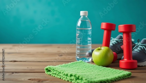 Fitness and healthy lifestyle concept: Dumbbells, water bottle, apple, and towel on wooden table