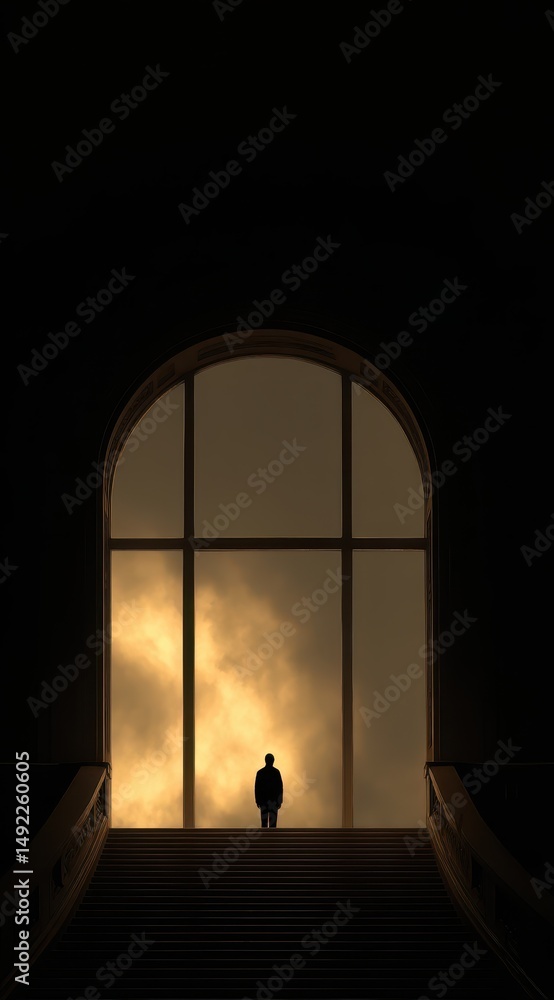 Fototapeta premium A solitary figure is positioned at the peak of an expansive staircase, framed by a large arch window. The backdrop reveals swirling clouds that create a captivating atmosphere