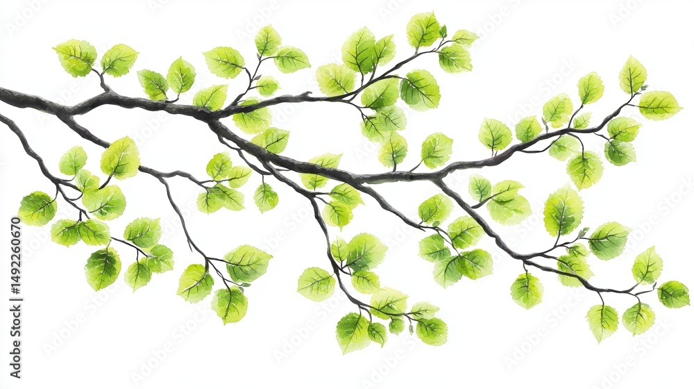 Obraz premium A nature illustration is presented with a solitary green leaf branch on a white background