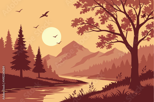 114 autumn landscape, scenic nature landscape, sunset river reflection, lake shore water reflected, fall trees silhouettes, birds flying in sky, mountainous forest scenery, dramatic sky with moon, rea