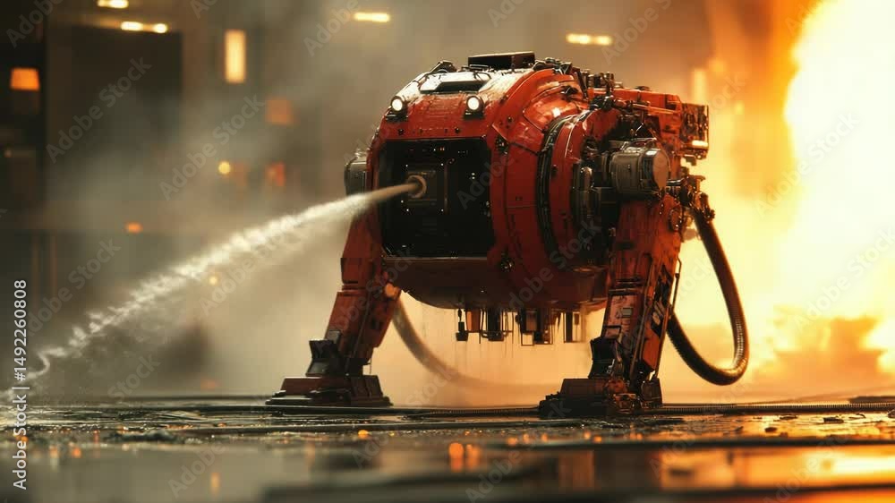 Quadrupedal firefighting robot extinguishing flames in a high-tech ...