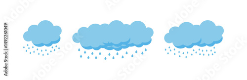 Three Flat Rain Cloud Vectors Showing Light, Moderate and Heavy Showers – Blue Overcast Precipitation Weather Icons Set