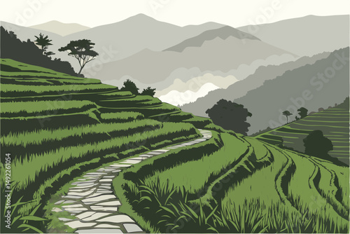 115 dramatic scenic landscape, lush vibrant green rice terraces, winding stone pathways, shrouded in misty clouds, mountains in the distance, tranquil serene atmosphere, organic natural textures, deta