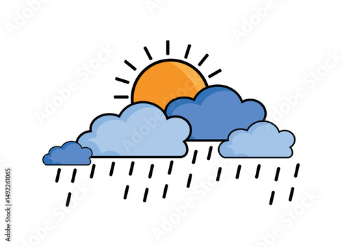 Weather Forecast Vector Icon – Sun Behind Clouds with Rain, Precipitation Symbol, Partly Sunny Shower Illustration, Meteorology Graphic, Climate UI Element, Digital Weather Symbol, Seasonal Forecast