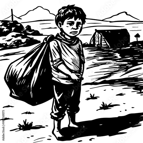 Young boy carrying a large bag in a rural landscape
