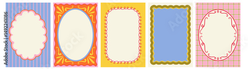 Set of colorful frames with wavy edges. Ornaments, patterns. Doodle, cute retro borders. Design for card, invitation, cover, packaging.