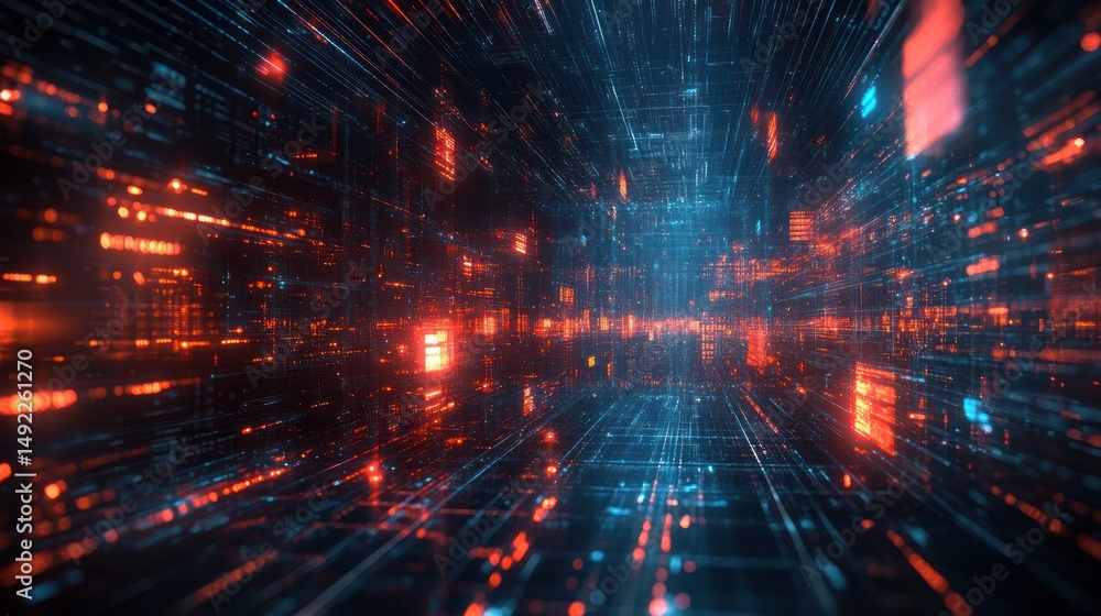 Fototapeta premium Digital data streams flow through a futuristic cyberspace tunnel; background glows