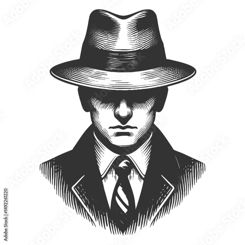 mysterious gangster in a pinstripe suit and fedora sketch engraving generative ai fictional character vector illustration. Scratch board imitation. Black and white image.
