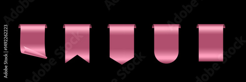 Pink ribbons set. Sales promotion tags, banners, labels, stickers isolated on black for online shopping, promotion, discount, best seller product. 3d realistic vector illustration.