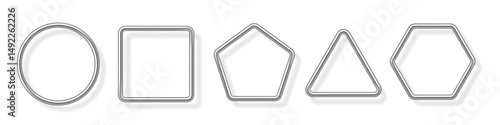 Silver metal photo frames set on white. Chrome tube frames with shadow. Collection of geometric shapes: circle, square, hexagon, triangle, and star. Realistic vector illustration.