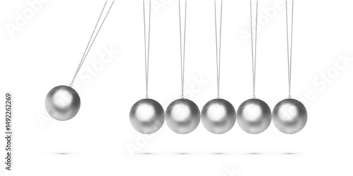 Newton cradle with balancing pendulum of hanging silver metal balls. Classic physics demonstration of momentum and energy transfer. 3d realistic vector illustration.