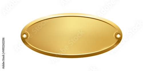 Blank golden nameplate plaque with screw holes. Empty metallic oval label for engraving, signage, awards, door signs. Realistic vector illustration,