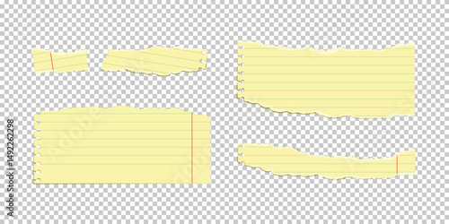 Torn yellow legal pad paper pieces with ruled lines and spiral edge holes on transparent background. Ripped notebook fragments for notes, scrapbooking, design overlays. Realistic vector illustration.