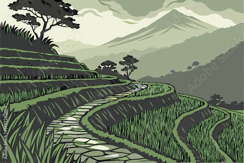 115 dramatic scenic landscape, lush vibrant green rice terraces, winding stone pathways, shrouded in misty clouds, mountains in the distance, tranquil serene atmosphere, organic natural textures, deta
