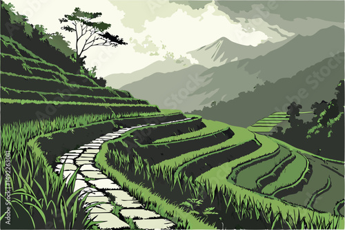 115 dramatic scenic landscape, lush vibrant green rice terraces, winding stone pathways, shrouded in misty clouds, mountains in the distance, tranquil serene atmosphere, organic natural textures, deta