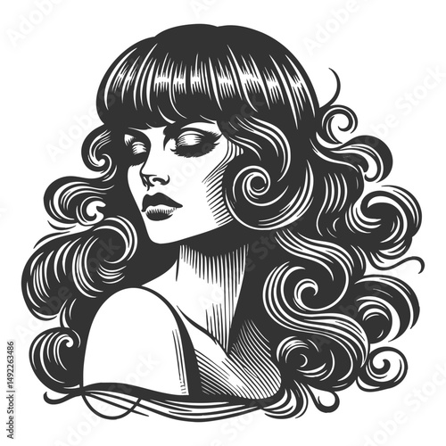 woman with dramatic makeup and flowing, voluminous curly hair, looking away sketch engraving generative ai fictional character vector illustration. Scratch board imitation. Black and white image.