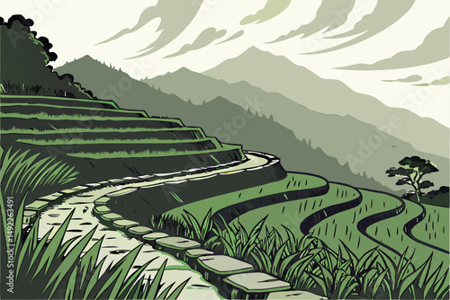 115 dramatic scenic landscape, lush vibrant green rice terraces, winding stone pathways, shrouded in misty clouds, mountains in the distance, tranquil serene atmosphere, organic natural textures, deta