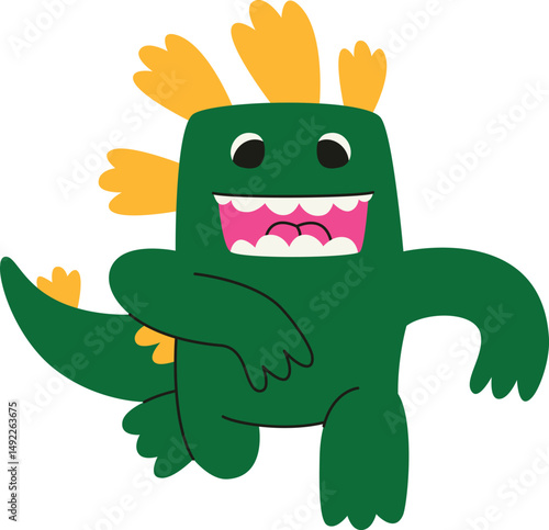 Running toothy dinosaur. Character in linear flat style.