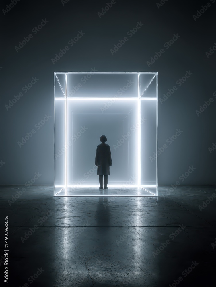 Obraz premium Inside a minimalist dark space, an individual stands within a transparent glass cube surrounded by glowing lights. The atmosphere evokes a sense of contemplation and tranquility
