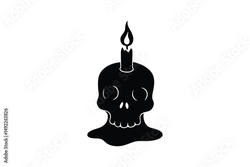 Silhouette art illustration of a candle melting on a skull-shaped holder.eps