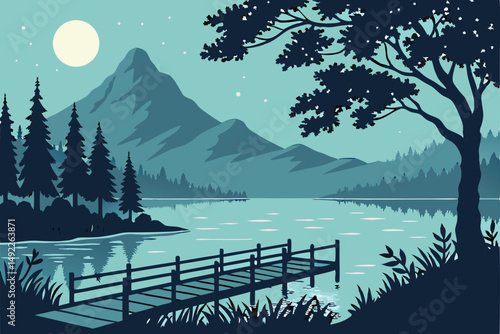 116 tranquil lake, wooden pier, mountain range, starry night sky, full moon, lush forest, serene landscape, atmospheric lighting